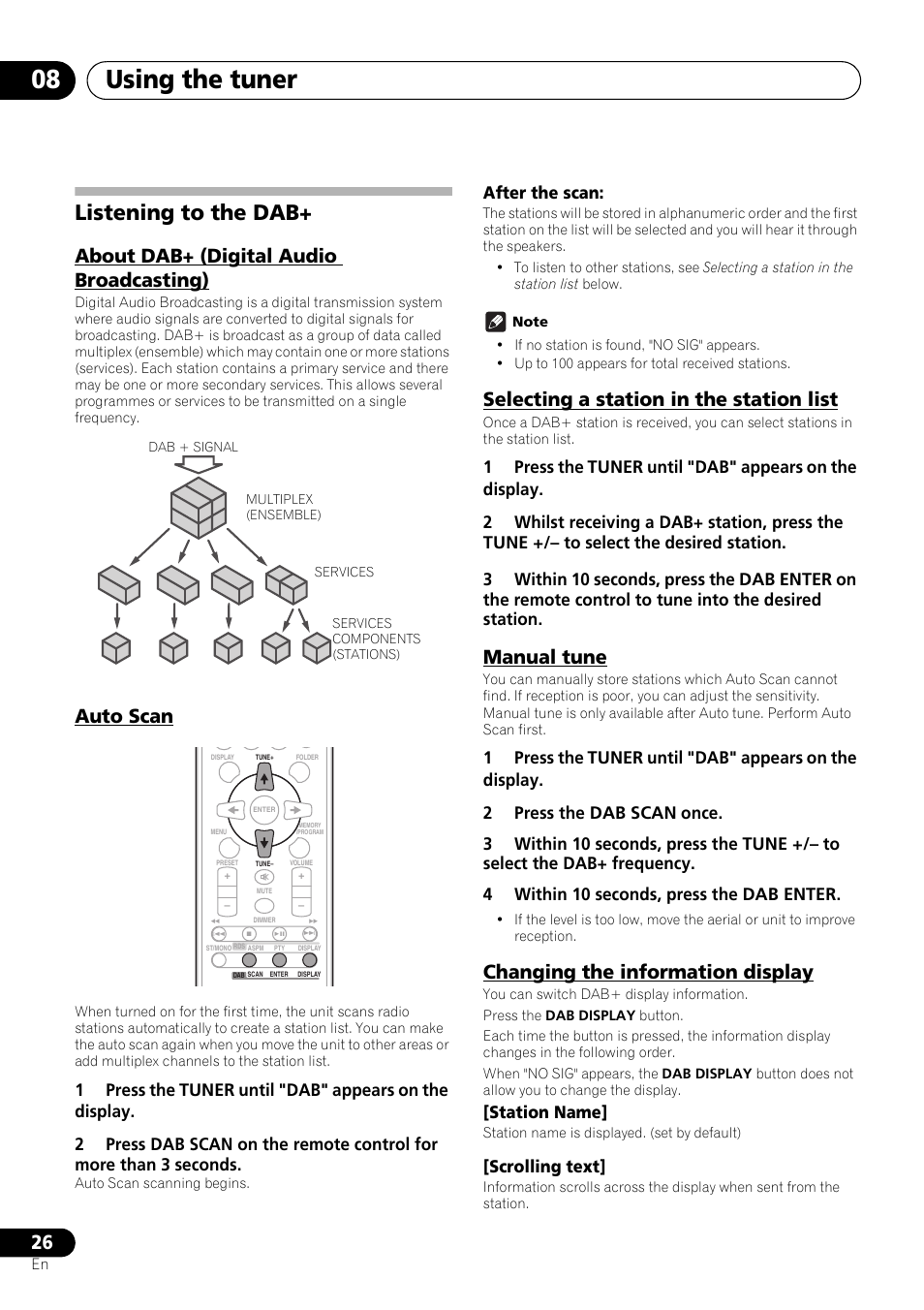 Listening to the dab, About dab+ (digital audio broadcasting), Auto scan | Selecting a station in the station list, Manual tune, Changing the information display, Using the tuner 08, After the scan, Station name, Scrolling text | Pioneer X-SMC01DAB-K User Manual | Page 26 / 36