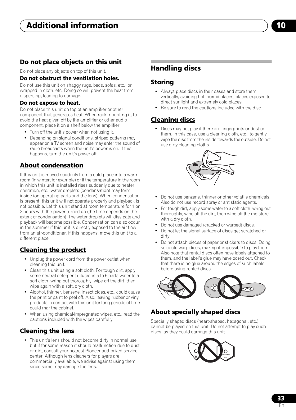 Do not place objects on this unit, About condensation, Cleaning the product | Cleaning the lens, Handling discs, Storing, Cleaning discs, About specially shaped discs, Additional information 10 | Pioneer X-SMC01DAB-K User Manual | Page 33 / 36