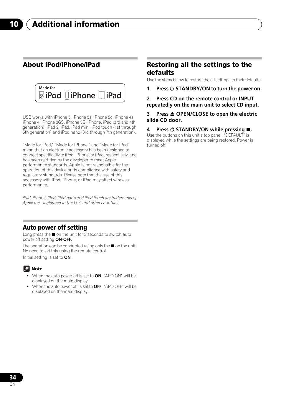 About ipod/iphone/ipad, Auto power off setting, Restoring all the settings to the defaults | Additional information 10 | Pioneer X-SMC01DAB-K User Manual | Page 34 / 36