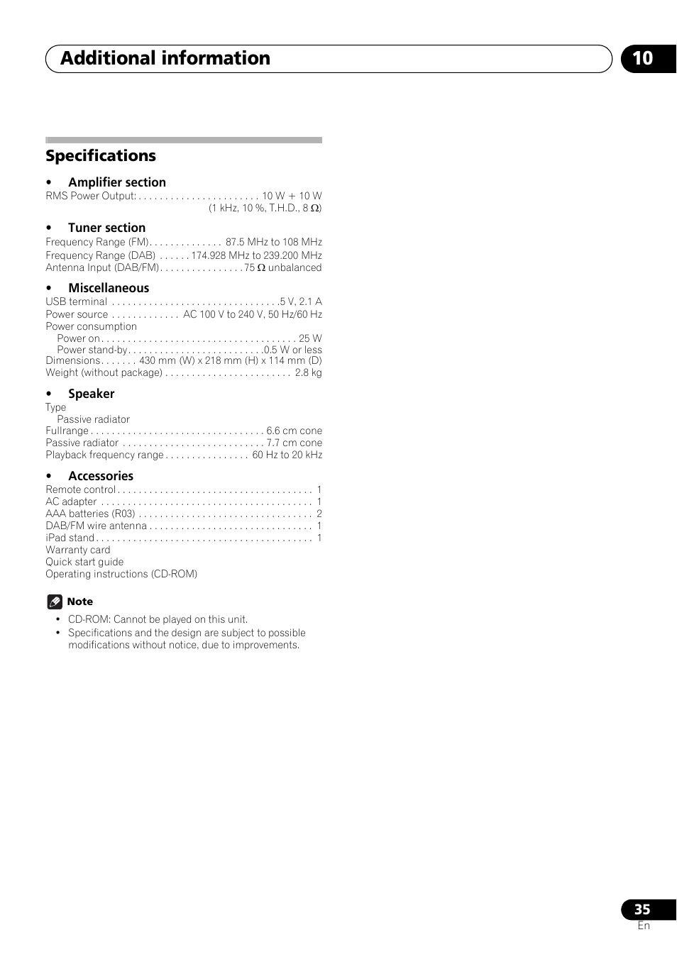 Specifications, Additional information 10 | Pioneer X-SMC01DAB-K User Manual | Page 35 / 36