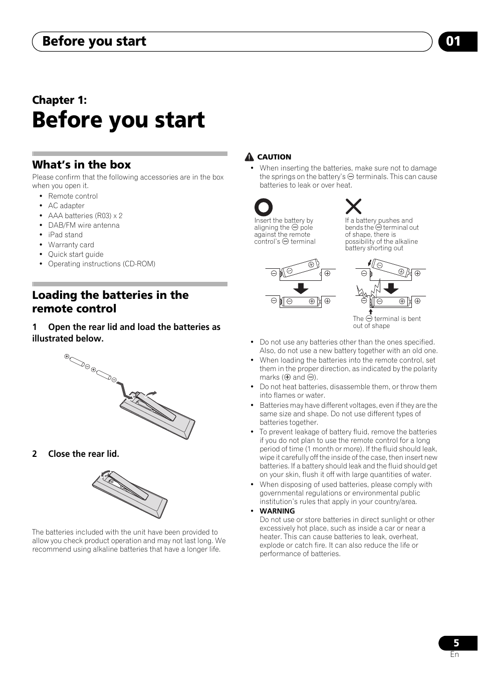 01 before you start, What’s in the box, Loading the batteries in the remote control | Before you start, Before you start 01, Chapter 1 | Pioneer X-SMC01DAB-K User Manual | Page 5 / 36