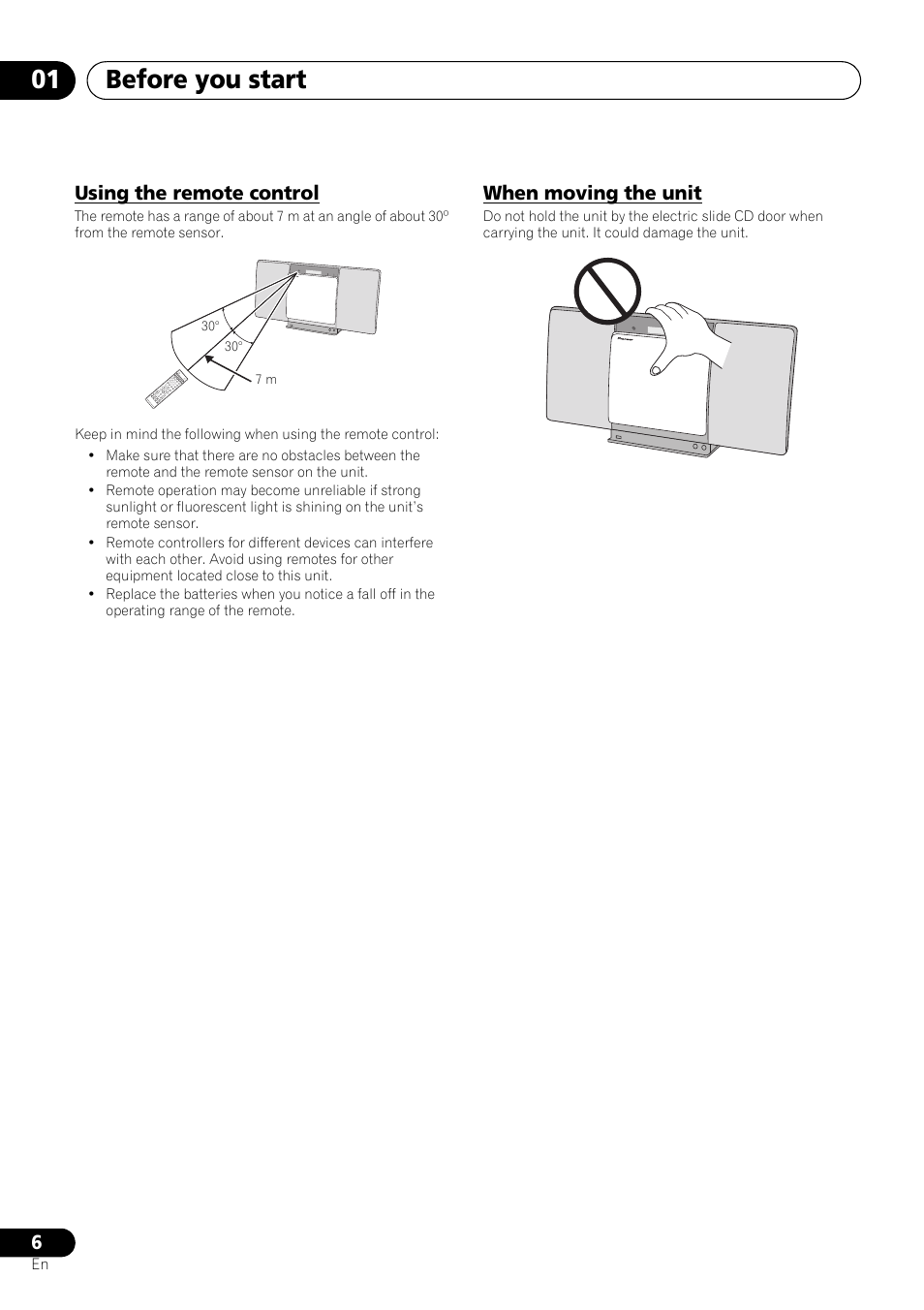 Using the remote control, When moving the unit, Before you start 01 | Pioneer X-SMC01DAB-K User Manual | Page 6 / 36