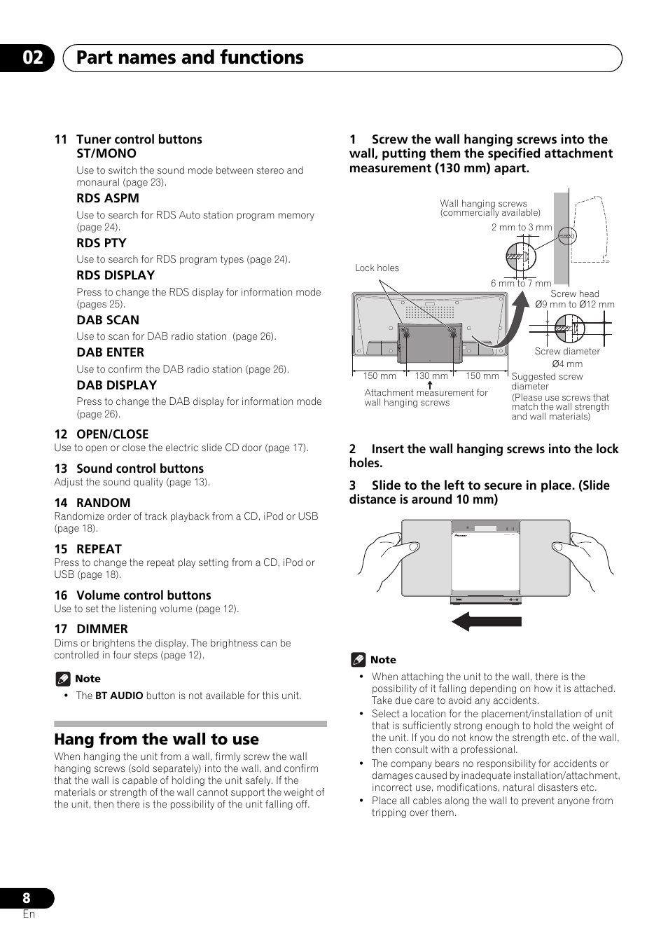 Hang from the wall to use, Part names and functions 02 | Pioneer X-SMC01DAB-K User Manual | Page 8 / 36