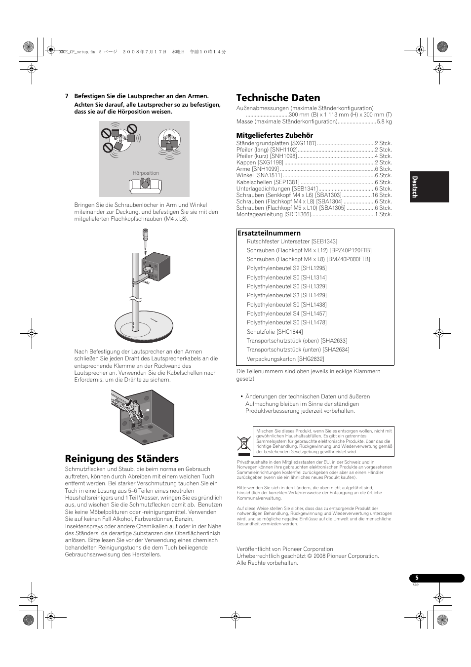 Reinigung des ständers, Technische daten | Pioneer CP-ST100 User Manual | Page 13 / 30