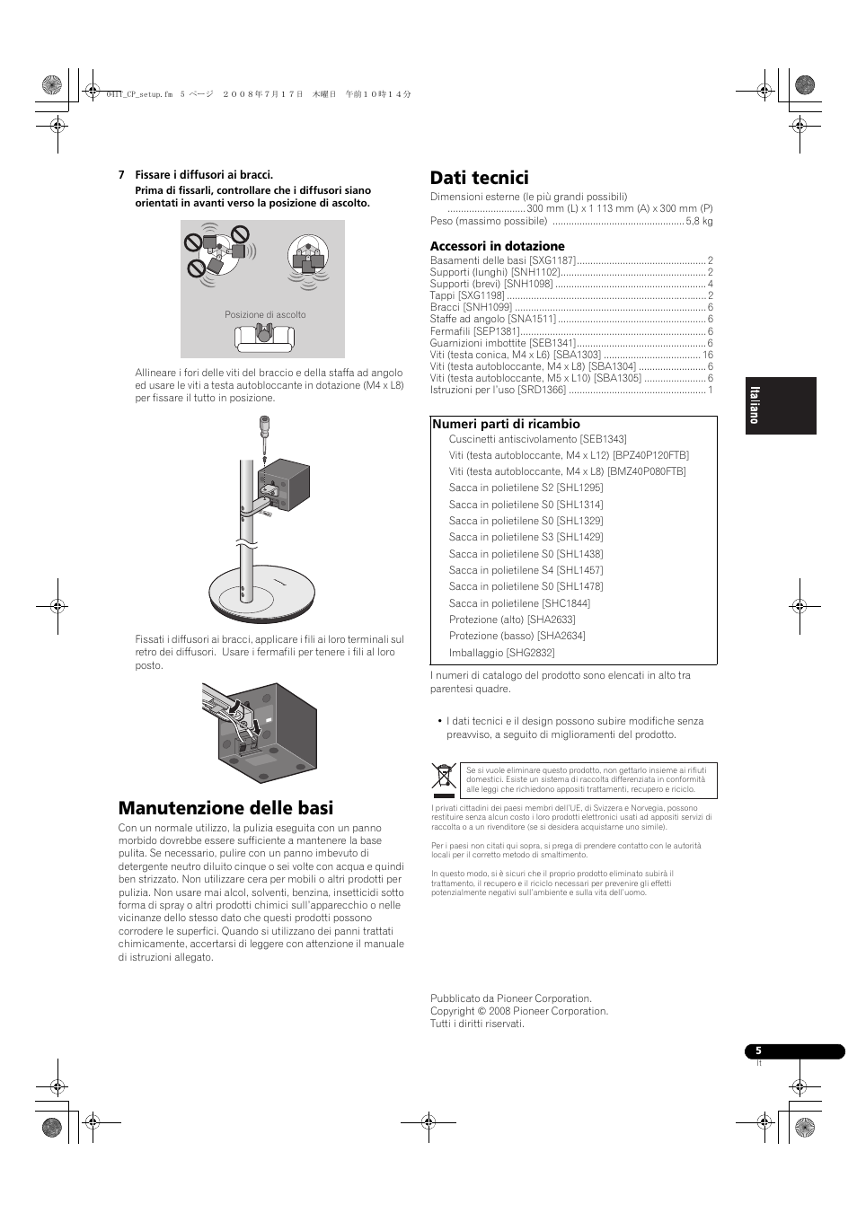 Manutenzione delle basi, Dati tecnici | Pioneer CP-ST100 User Manual | Page 17 / 30