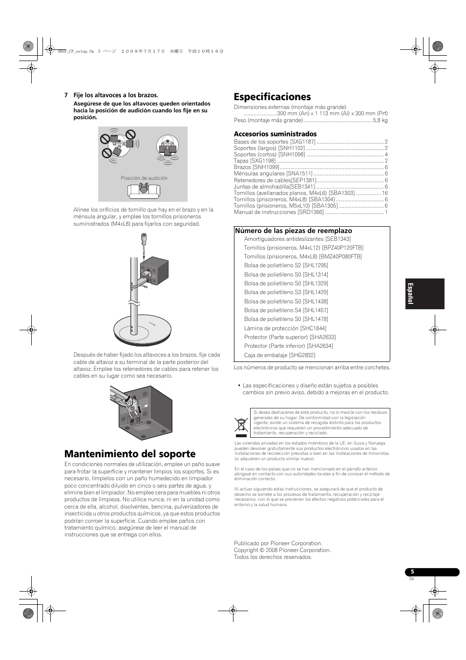Mantenimiento del soporte, Especificaciones | Pioneer CP-ST100 User Manual | Page 25 / 30