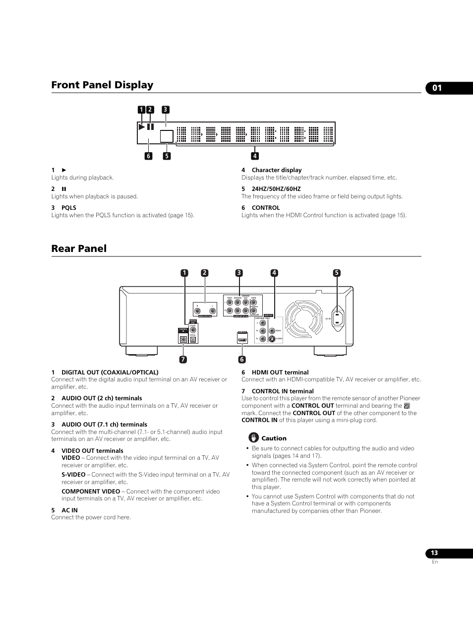 Front panel display rear panel, Front panel display, Rear panel | Pioneer BDP-LX71 User Manual | Page 13 / 72