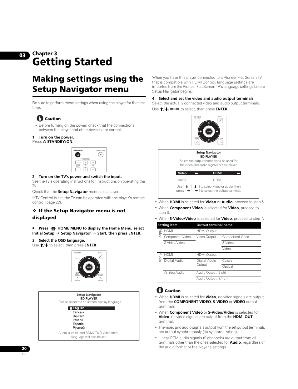 Making settings using the setup navigator menu, Getting started, Chapter 3 | If the setup navigator menu is not displayed | Pioneer BDP-LX71 User Manual | Page 20 / 72