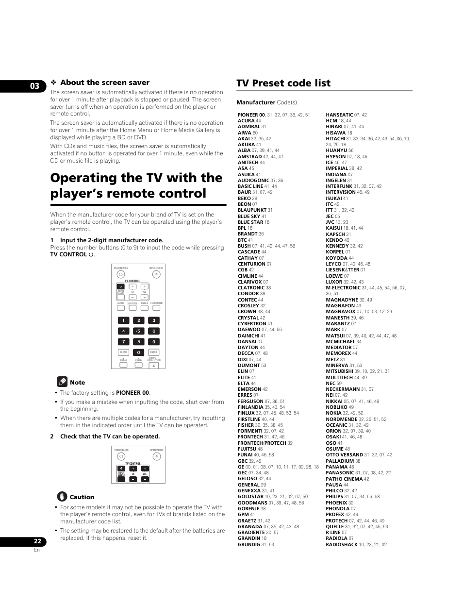 Operating the tv with the player’s remote control, Tv preset code list, About the screen saver | Pioneer BDP-LX71 User Manual | Page 22 / 72
