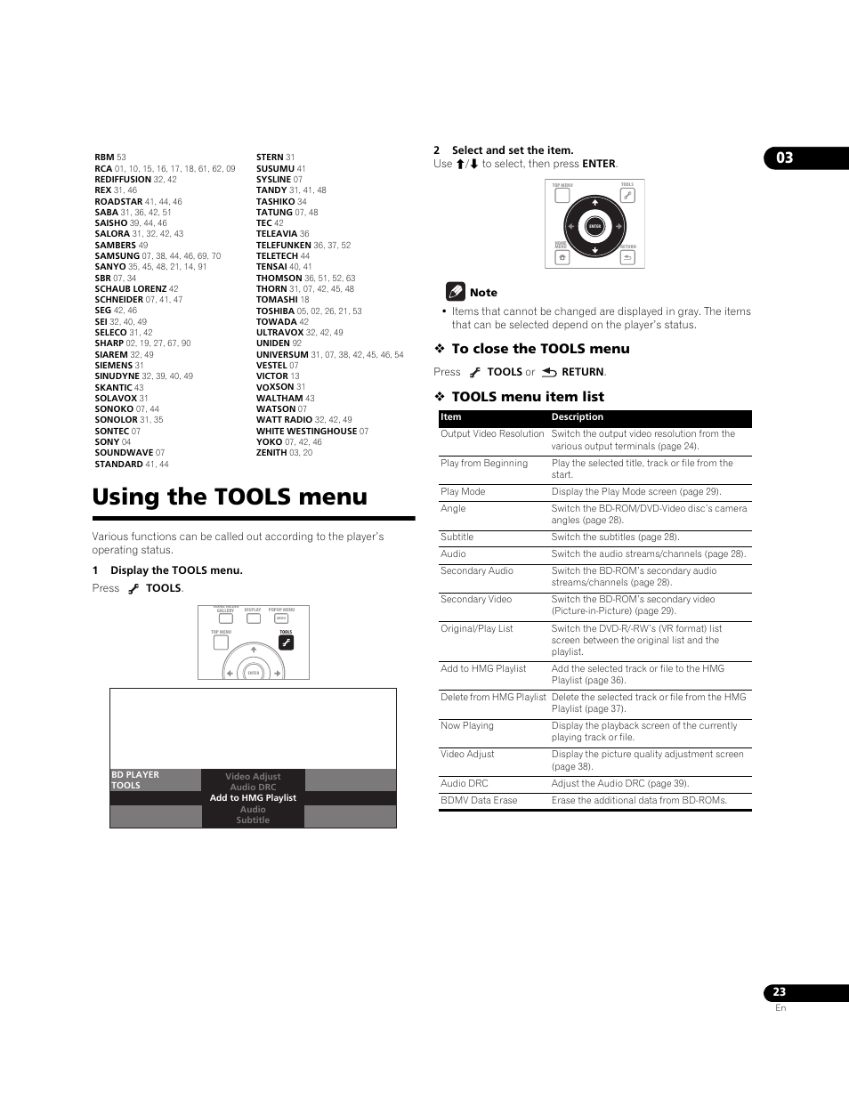 Using the tools menu, Tools menu item list | Pioneer BDP-LX71 User Manual | Page 23 / 72