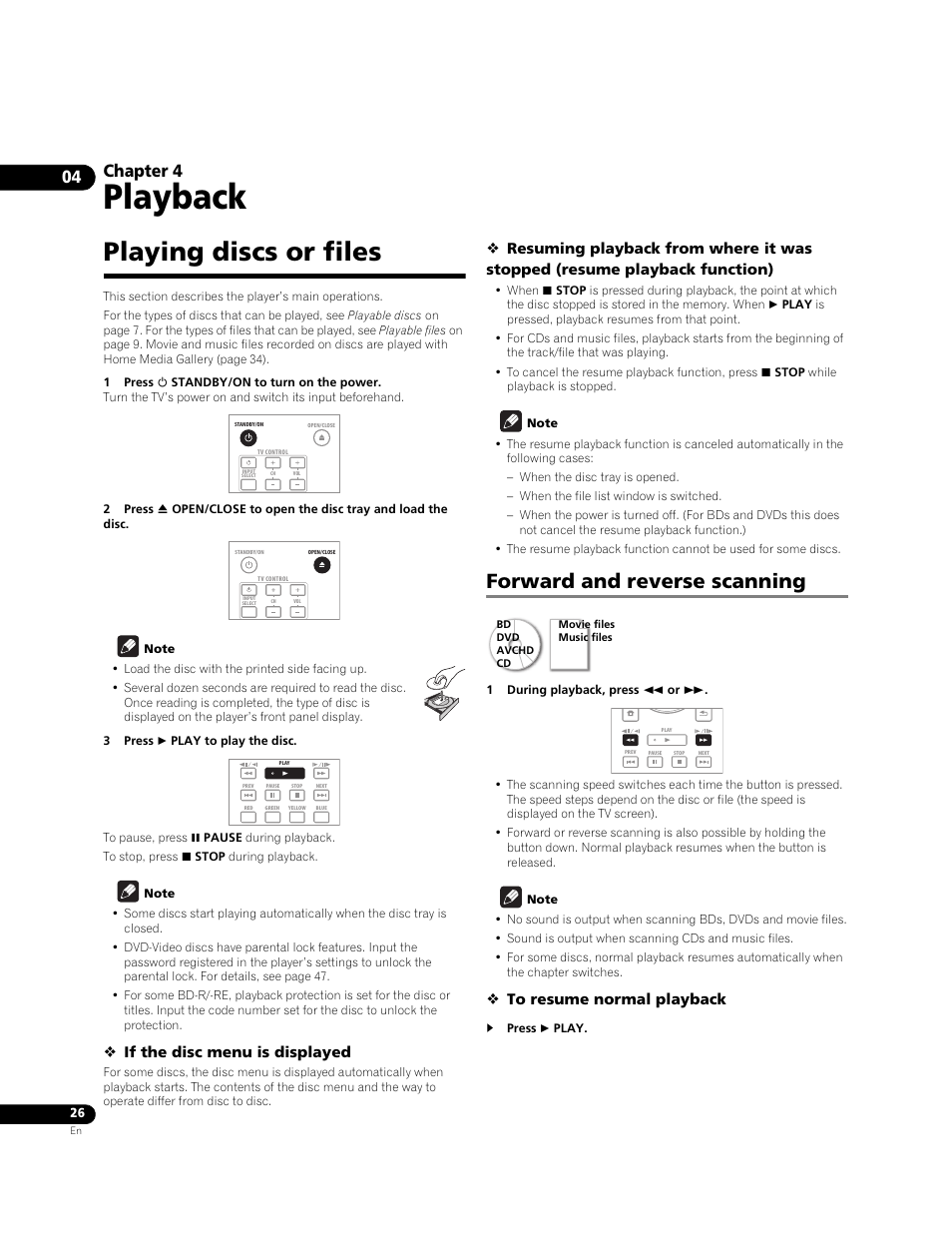 Playing discs or files, Forward and reverse scanning, Playback | Chapter 4, If the disc menu is displayed | Pioneer BDP-LX71 User Manual | Page 26 / 72