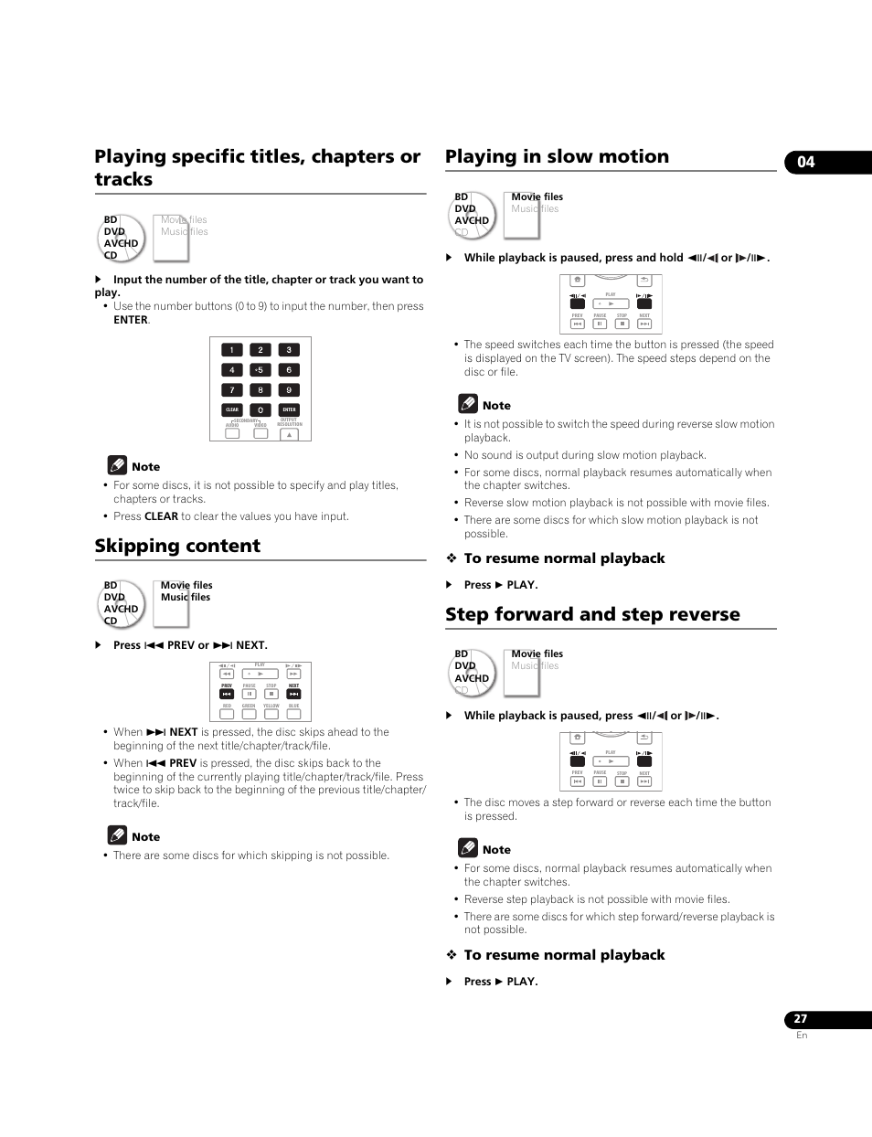 Playing specific titles, chapters or tracks, Skipping content, Playing in slow motion | Step forward and step reverse | Pioneer BDP-LX71 User Manual | Page 27 / 72