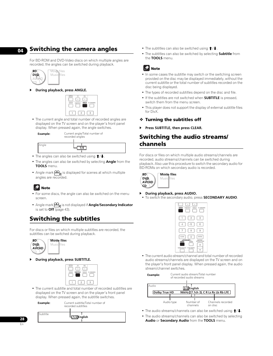 Switching the camera angles, Switching the subtitles, Switching the audio streams/ channels | Turning the subtitles off | Pioneer BDP-LX71 User Manual | Page 28 / 72