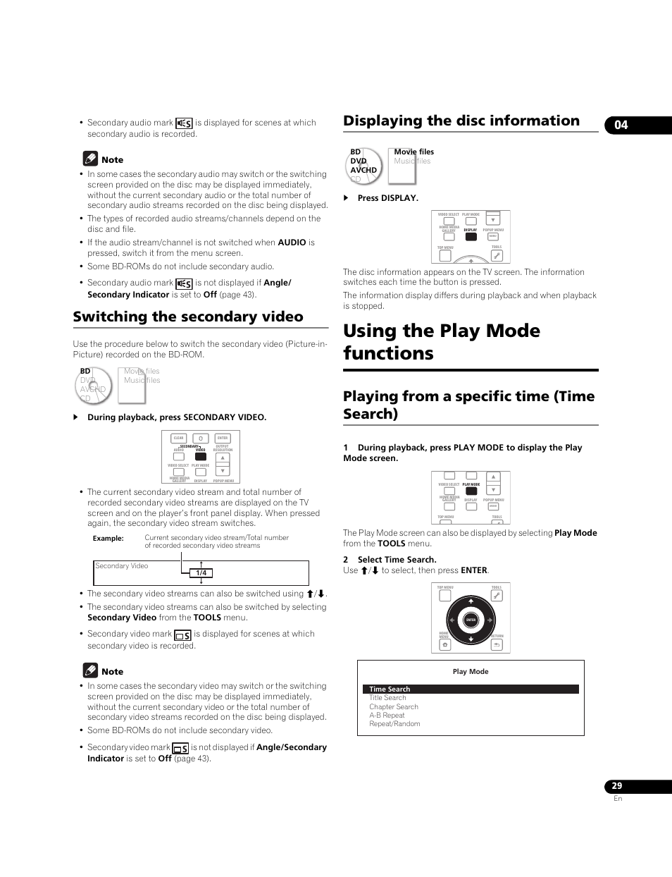 Using the play mode functions, Playing from a specific time (time search), Switching the secondary video | Displaying the disc information | Pioneer BDP-LX71 User Manual | Page 29 / 72