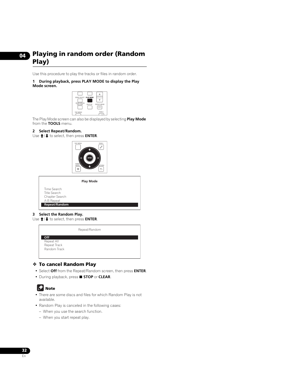 Playing in random order (random play) | Pioneer BDP-LX71 User Manual | Page 32 / 72