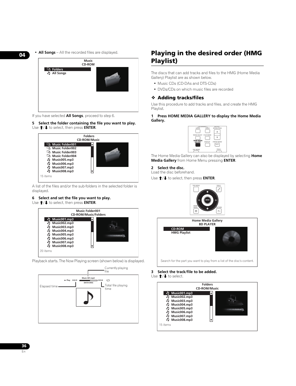 Playing in the desired order (hmg playlist), Adding tracks/files | Pioneer BDP-LX71 User Manual | Page 36 / 72