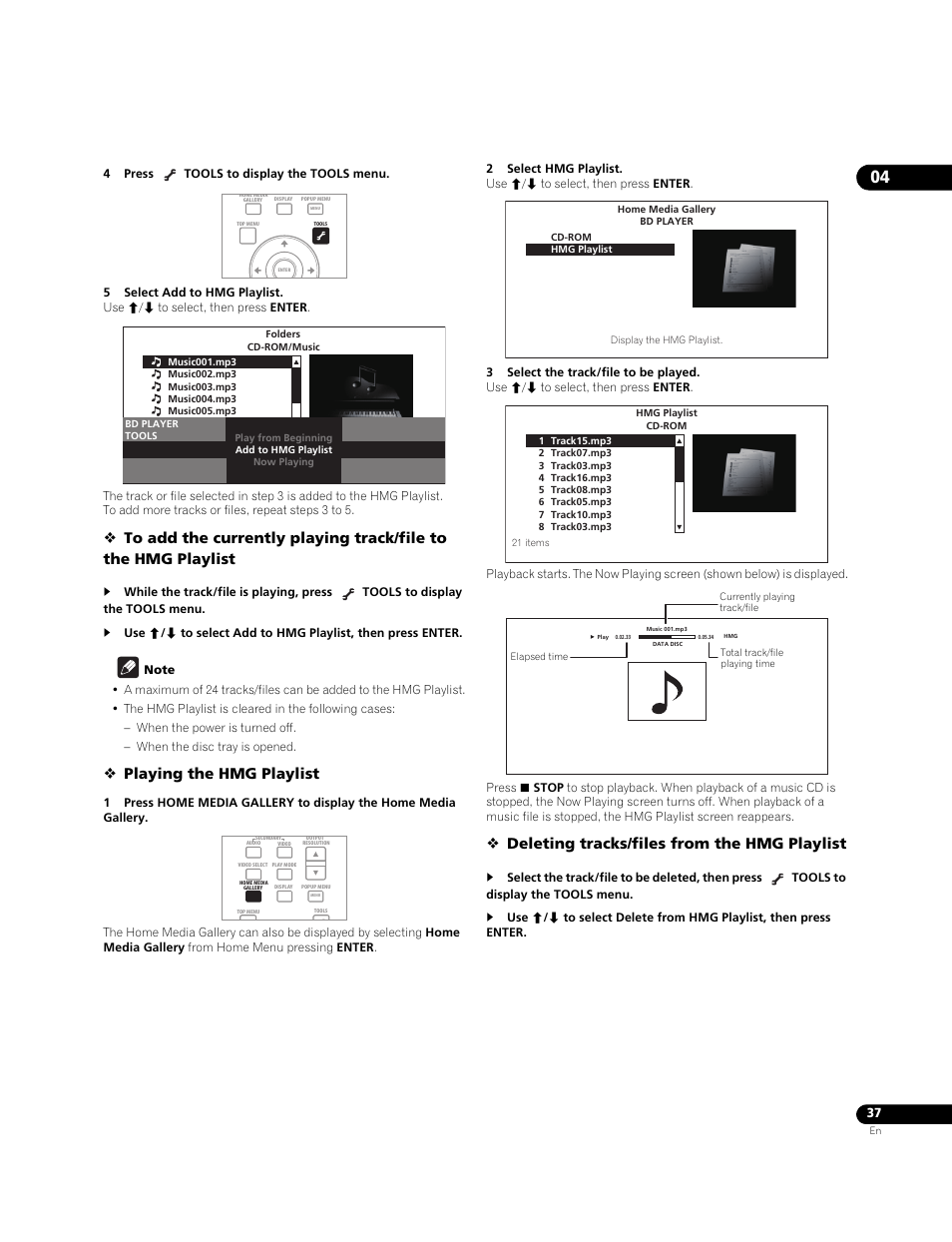 Playing the hmg playlist, Deleting tracks/files from the hmg playlist | Pioneer BDP-LX71 User Manual | Page 37 / 72