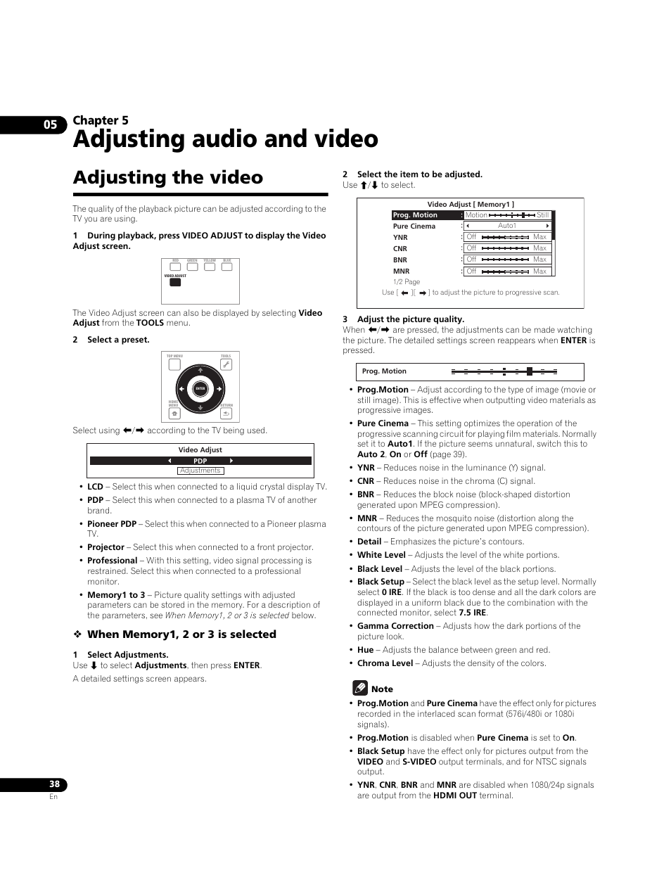 Adjusting the video, Adjusting audio and video, Chapter 5 | Pioneer BDP-LX71 User Manual | Page 38 / 72