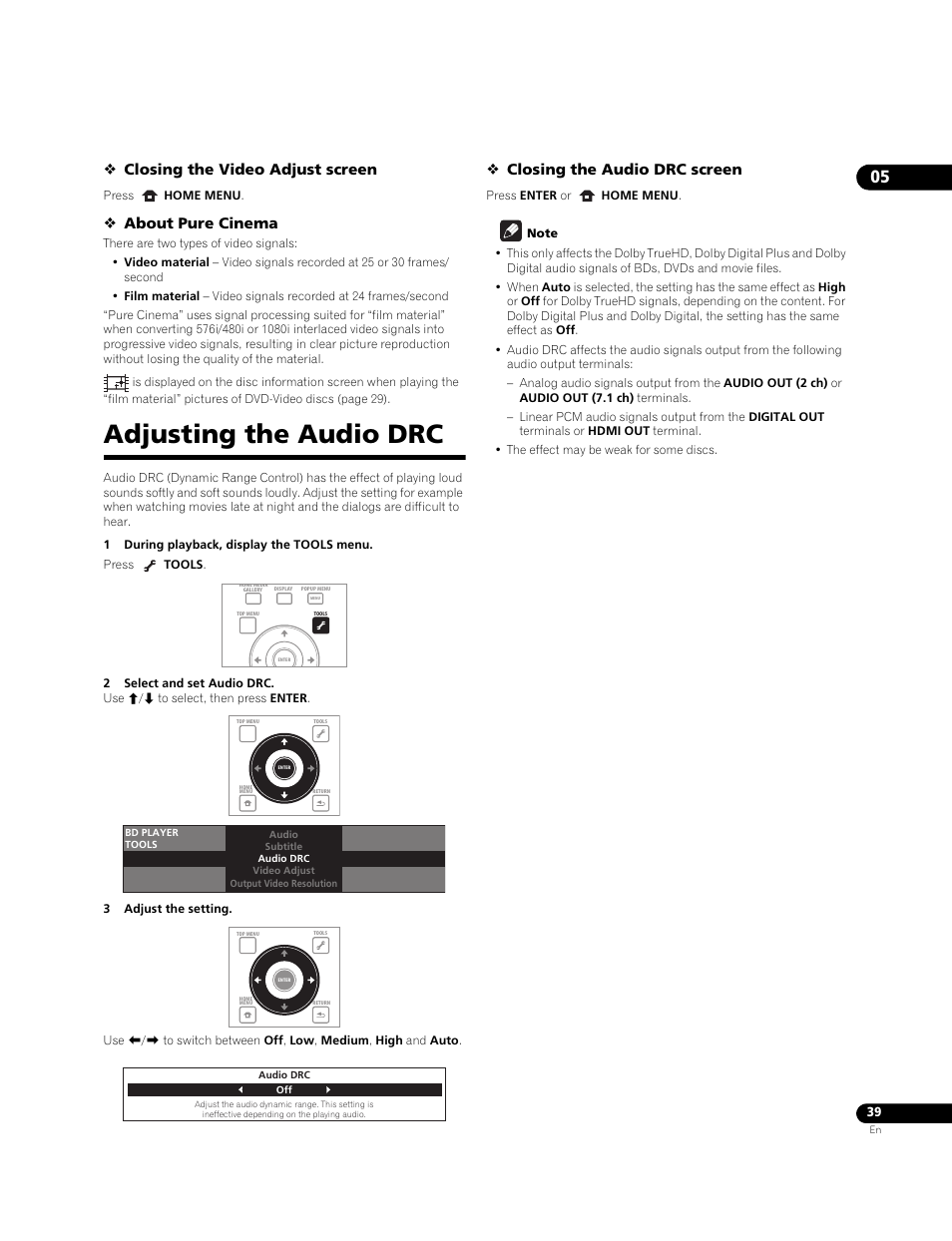 Adjusting the audio drc, Closing the video adjust screen, About pure cinema | Closing the audio drc screen | Pioneer BDP-LX71 User Manual | Page 39 / 72