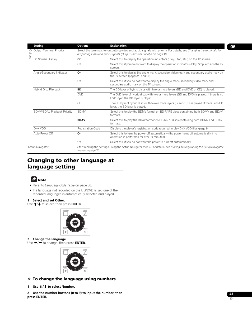 Changing to other language at language setting | Pioneer BDP-LX71 User Manual | Page 43 / 72