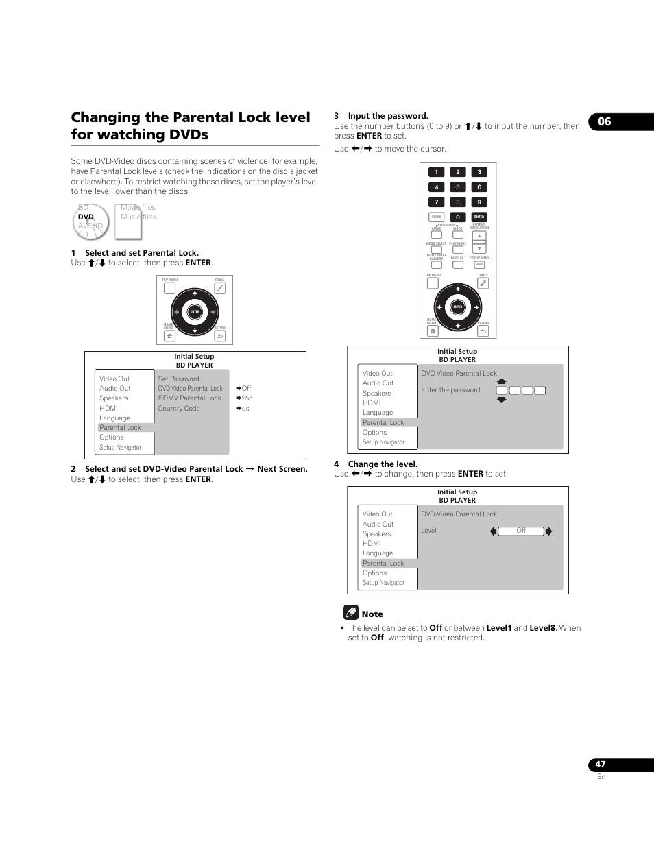 Changing the parental lock level for watching dvds | Pioneer BDP-LX71 User Manual | Page 47 / 72