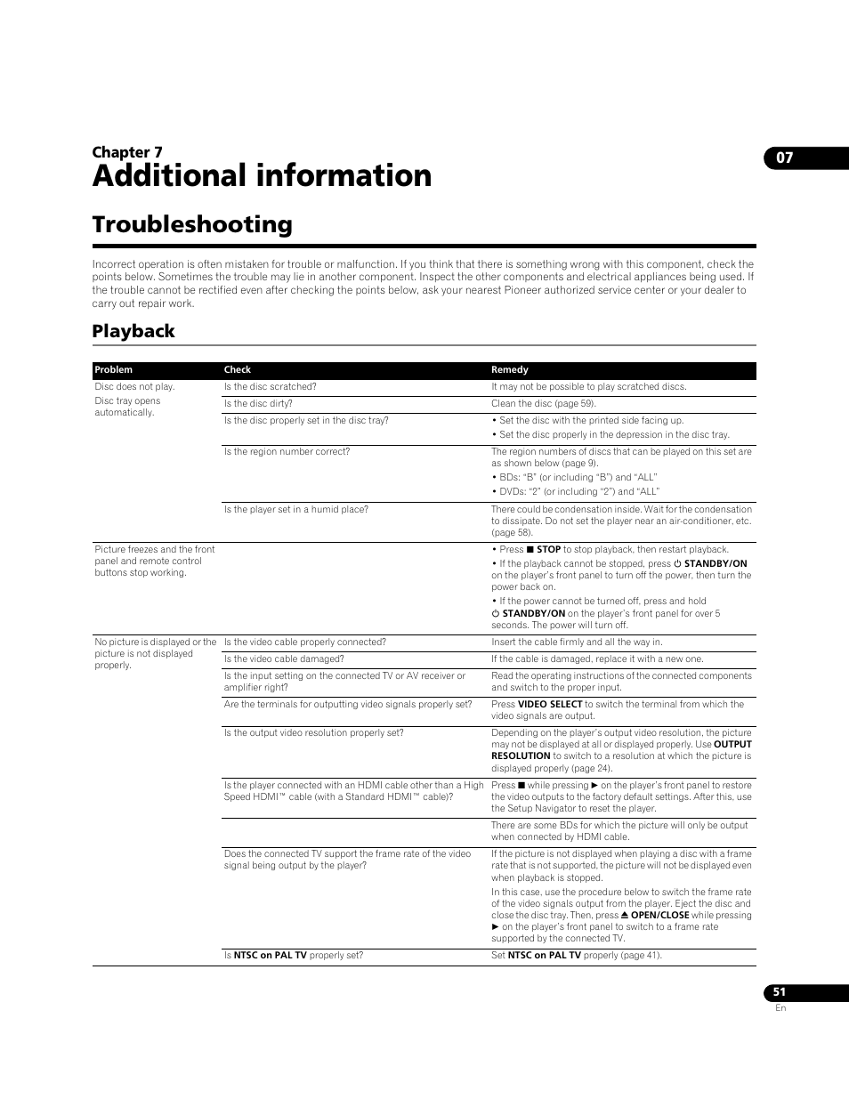 Troubleshooting, Playback, Additional information | 07 chapter 7 | Pioneer BDP-LX71 User Manual | Page 51 / 72