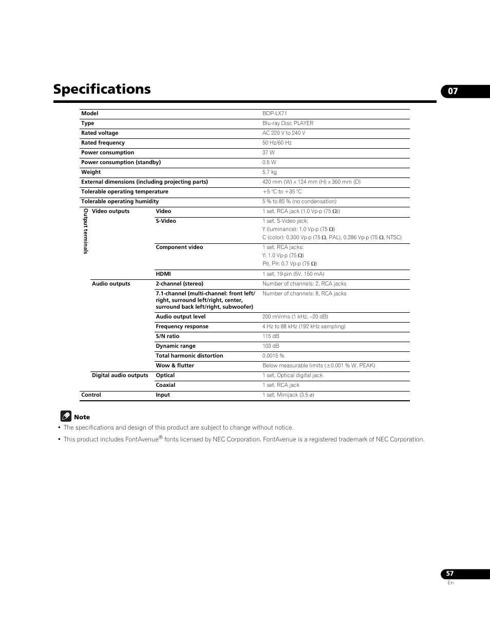 Specifications | Pioneer BDP-LX71 User Manual | Page 57 / 72