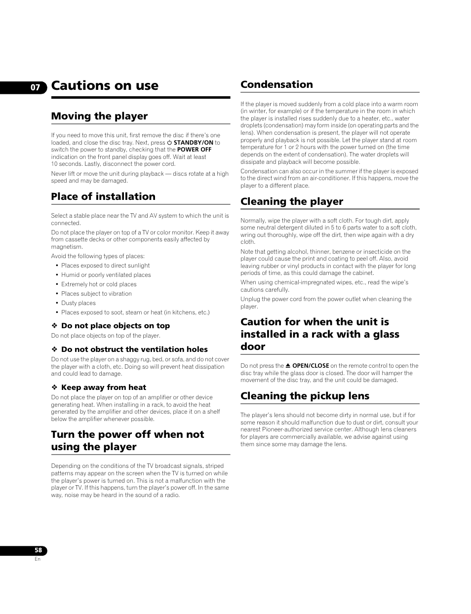 Cautions on use, Moving the player, Place of installation | Turn the power off when not using the player, Condensation, Cleaning the player, Cleaning the pickup lens | Pioneer BDP-LX71 User Manual | Page 58 / 72