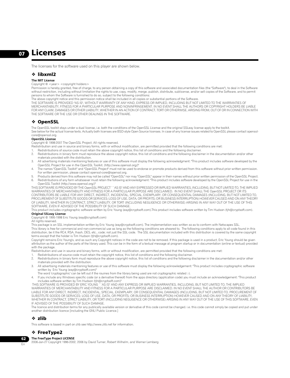 Licenses, Libxml2, Openssl | Zlib, Freetype2 | Pioneer BDP-LX71 User Manual | Page 62 / 72