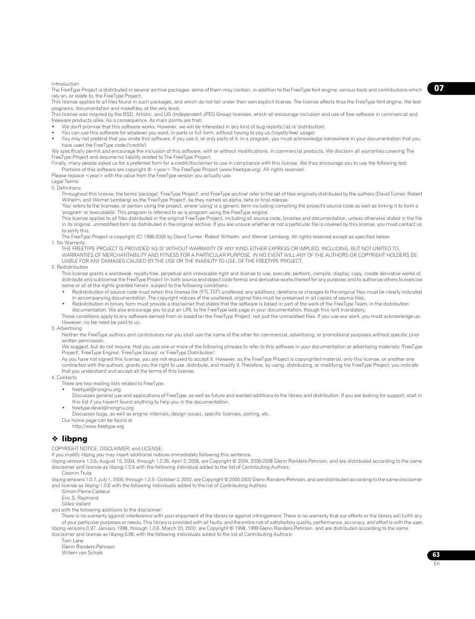 Libpng | Pioneer BDP-LX71 User Manual | Page 63 / 72