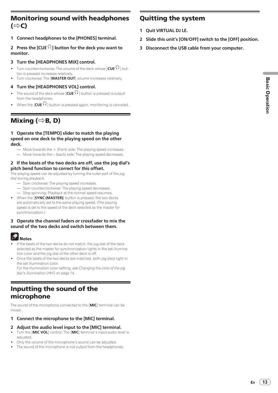 Monitoring sound with headphones(> c), Mixing (> b, d), Inputting the sound of themicrophone | Quitting the system, Monitoring sound with headphones, Mixing, Rb, d), Monitoring sound with headphones ( r c), Mixing ( r b, d), Inputting the sound of the microphone | Pioneer DDJ-WeGO2 User Manual | Page 13 / 22
