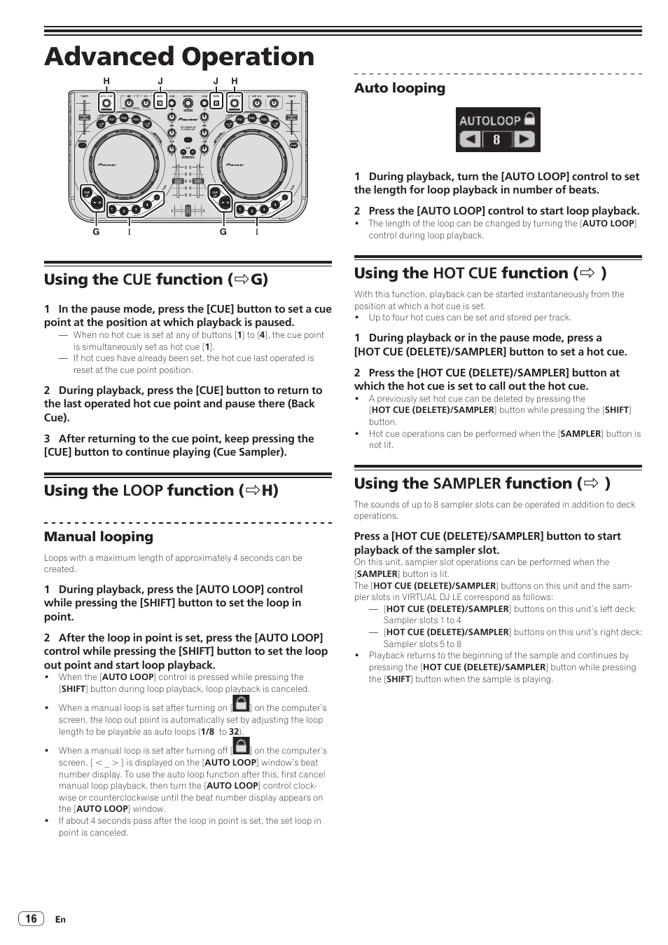 Advanced operation, Using the cue function (> g), Using the loop function (> h) | Using the hot cue function (> i), Using the sampler function (> i), Using the cue function, Using the loop function, Using the hot cue function, Using the sampler function, Using the cue function ( r g) | Pioneer DDJ-WeGO2 User Manual | Page 16 / 22