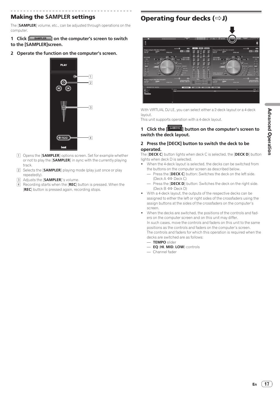 Operating four decks (> j), Operating four decks, Operating four decks ( r j) | Making the sampler settings | Pioneer DDJ-WeGO2 User Manual | Page 17 / 22