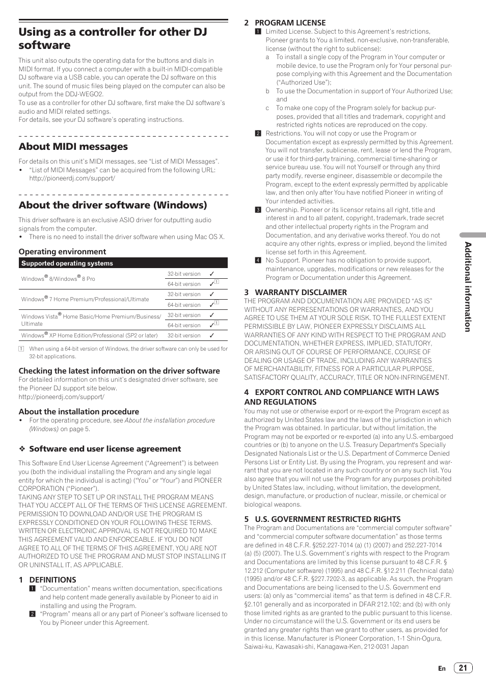 Using as a controller for other dj software, About midi messages, About the driver software (windows) | 21 additional information | Pioneer DDJ-WeGO2 User Manual | Page 21 / 22