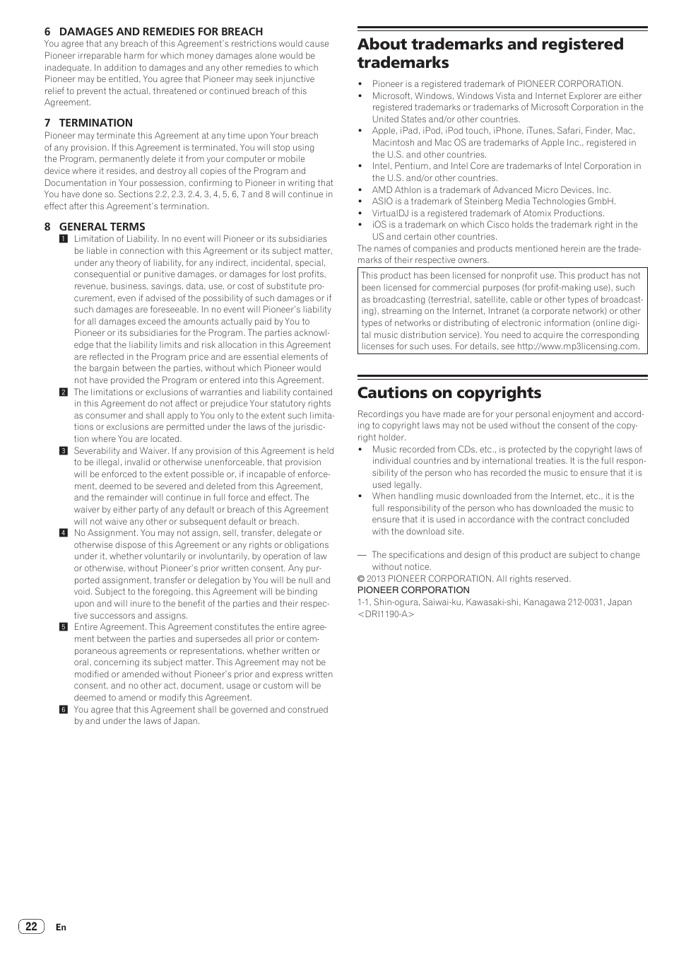 About trademarks and registered trademarks, Cautions on copyrights | Pioneer DDJ-WeGO2 User Manual | Page 22 / 22