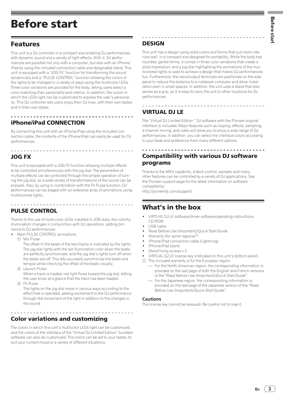 Before start, Features, What’s in the box | Features what’s in the box, Iphone/ipad connection, Jog fx, Pulse control, Color variations and customizing, Design, Virtual dj le | Pioneer DDJ-WeGO2 User Manual | Page 3 / 22
