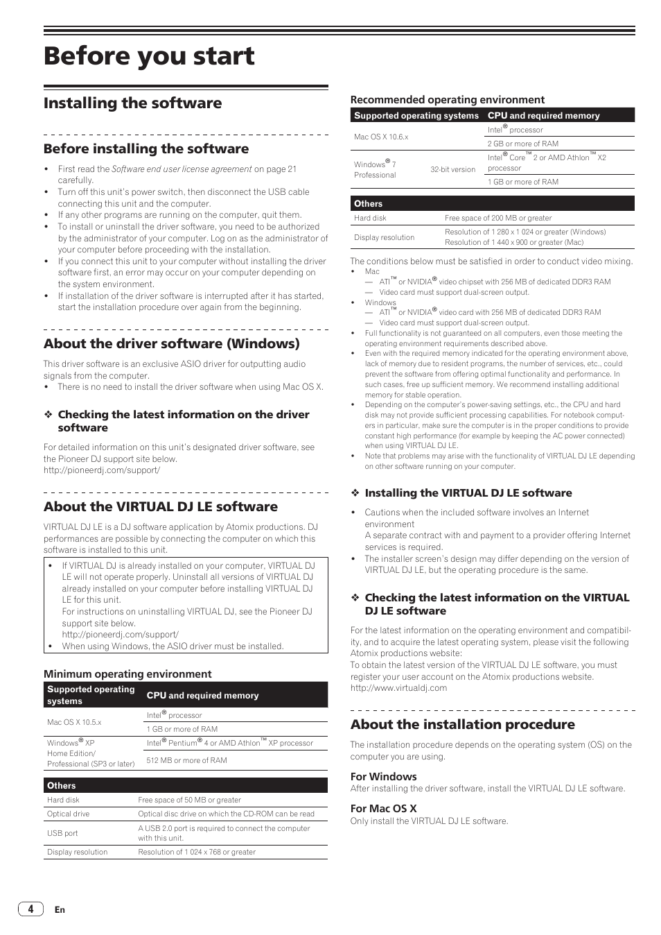 Before you start, Installing the software, Before installing the software | About the driver software (windows), About the virtual dj le software, About the installation procedure | Pioneer DDJ-WeGO2 User Manual | Page 4 / 22