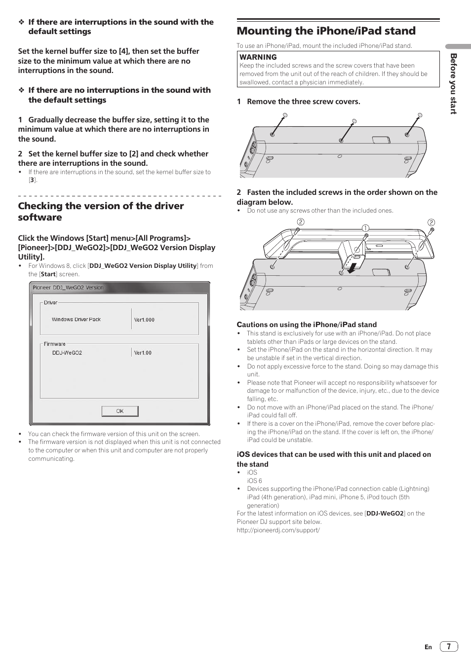 Mounting the iphone/ipad stand, Checking the version of the driver software | Pioneer DDJ-WeGO2 User Manual | Page 7 / 22