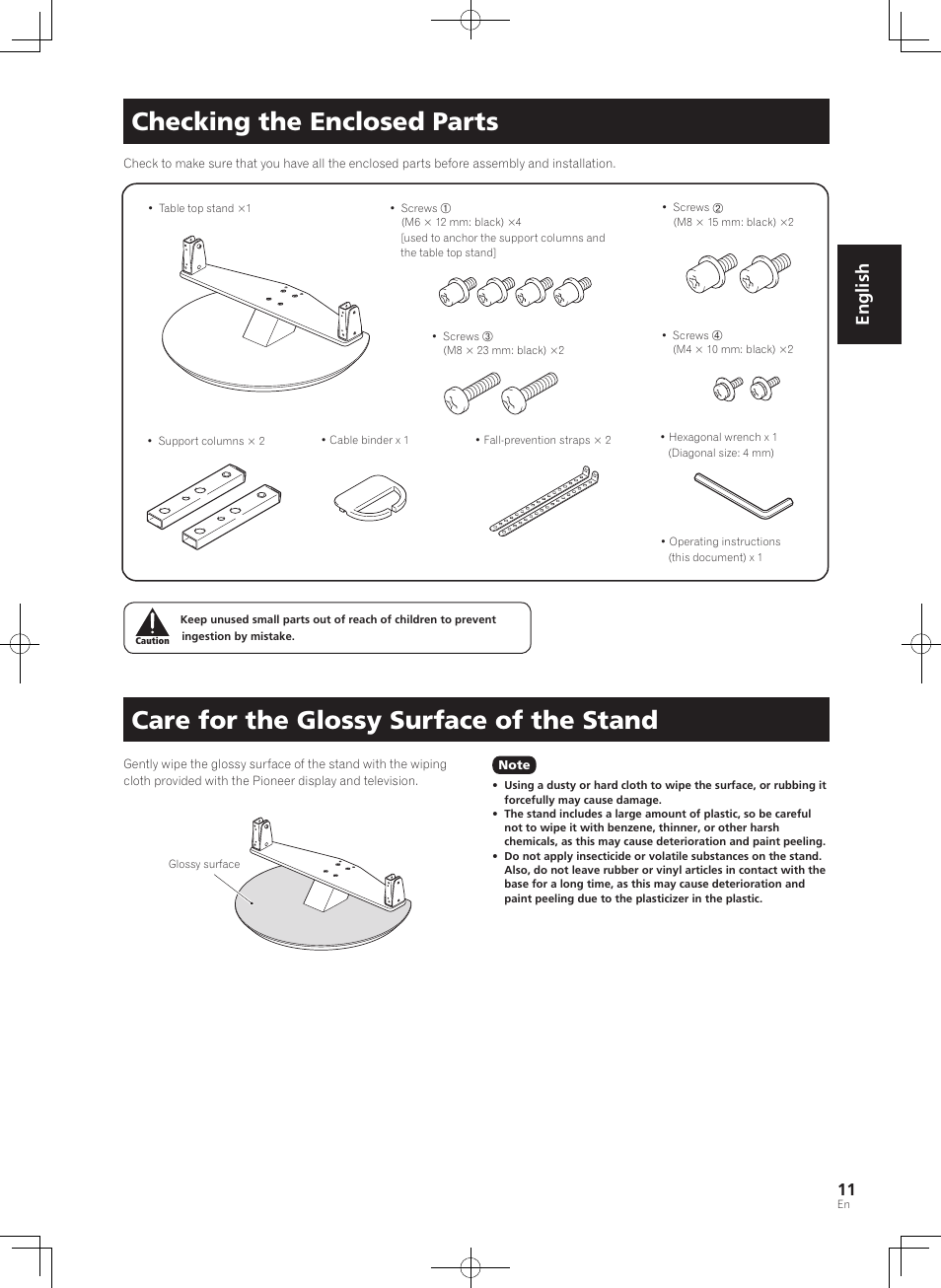 Checking the enclosed parts, Care for the glossy surface of the stand, English | Pioneer KRP-SW01 User Manual | Page 11 / 74