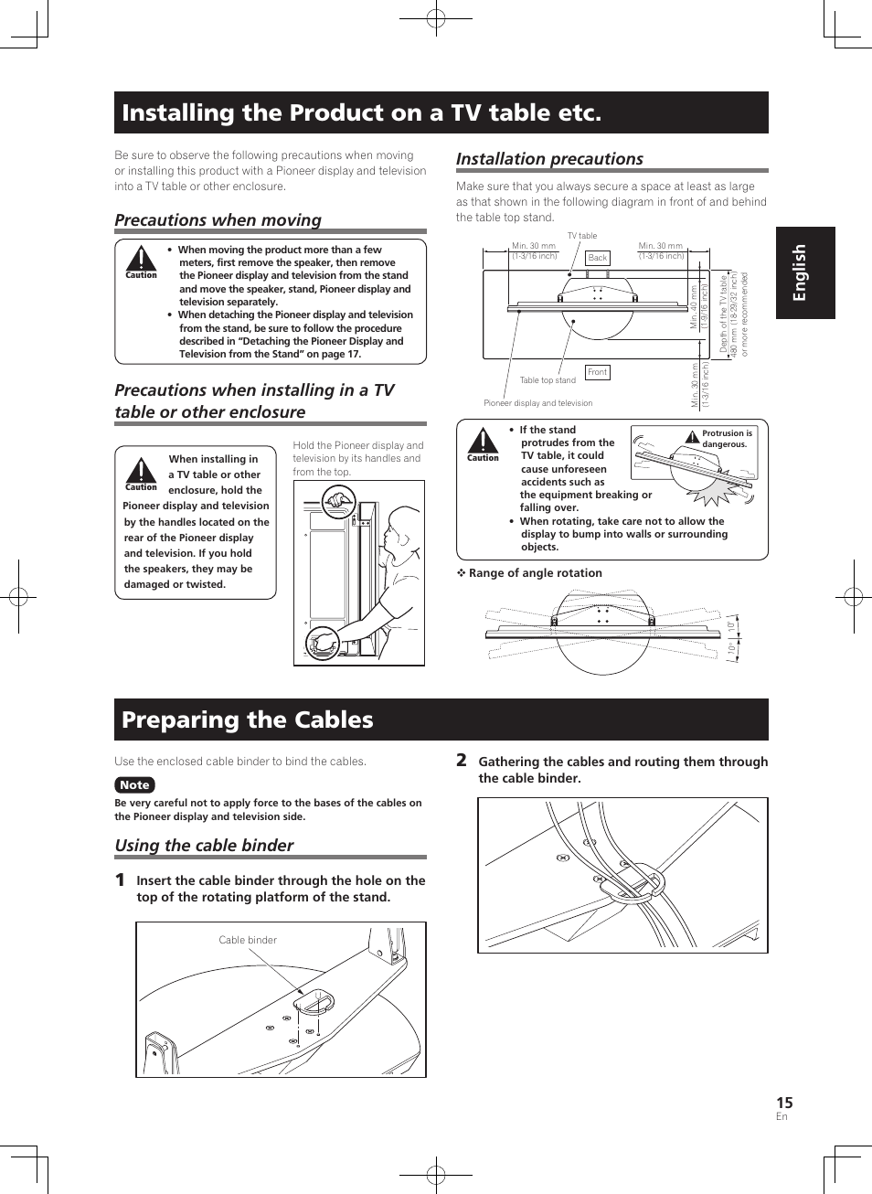 Installing the product on a tv table etc, Preparing the cables, English | Precautions when moving, Installation precautions, Using the cable binder | Pioneer KRP-SW01 User Manual | Page 15 / 74