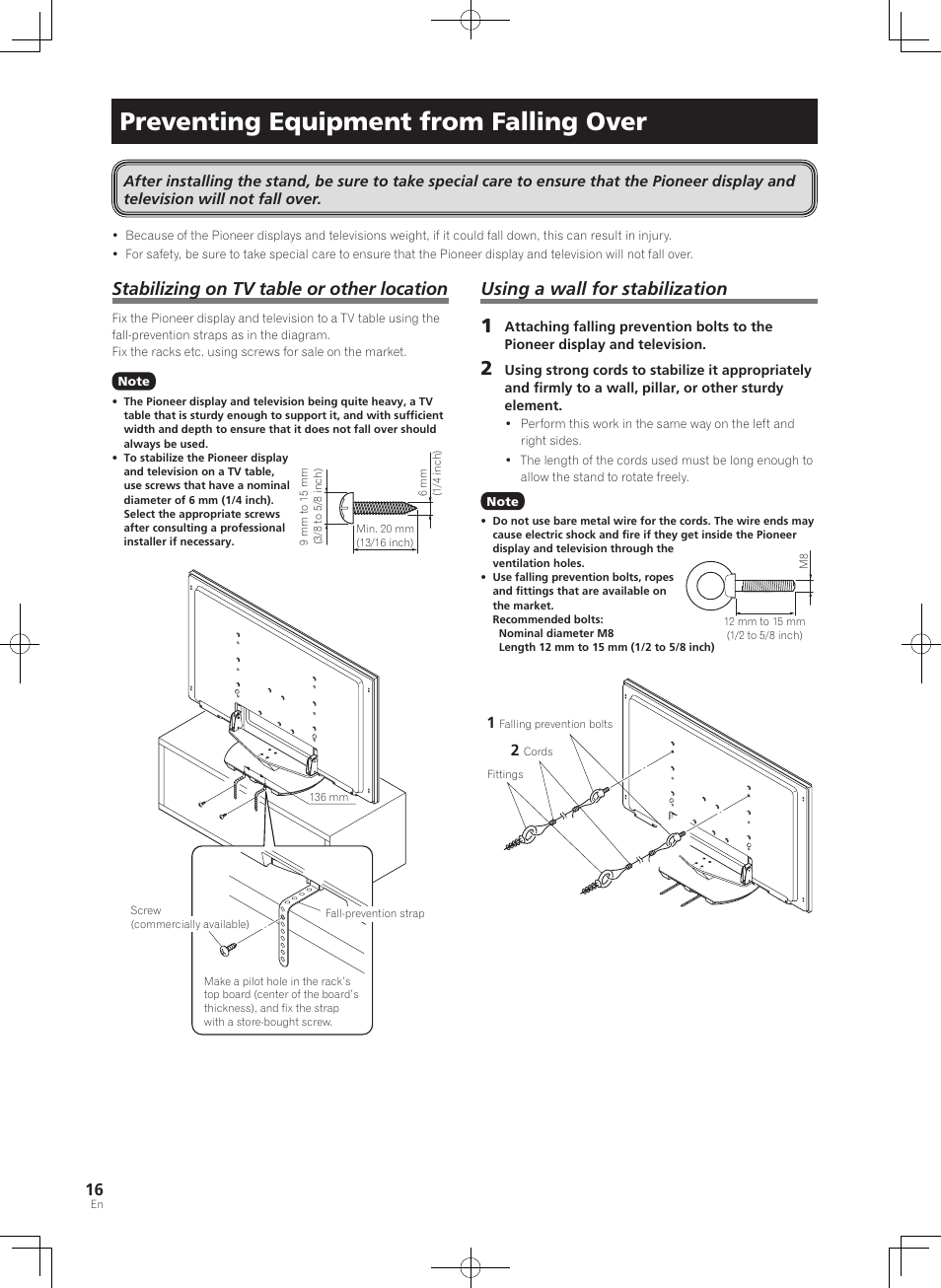 Preventing equipment from falling over, Using a wall for stabilization, Stabilizing on tv table or other location | Pioneer KRP-SW01 User Manual | Page 16 / 74