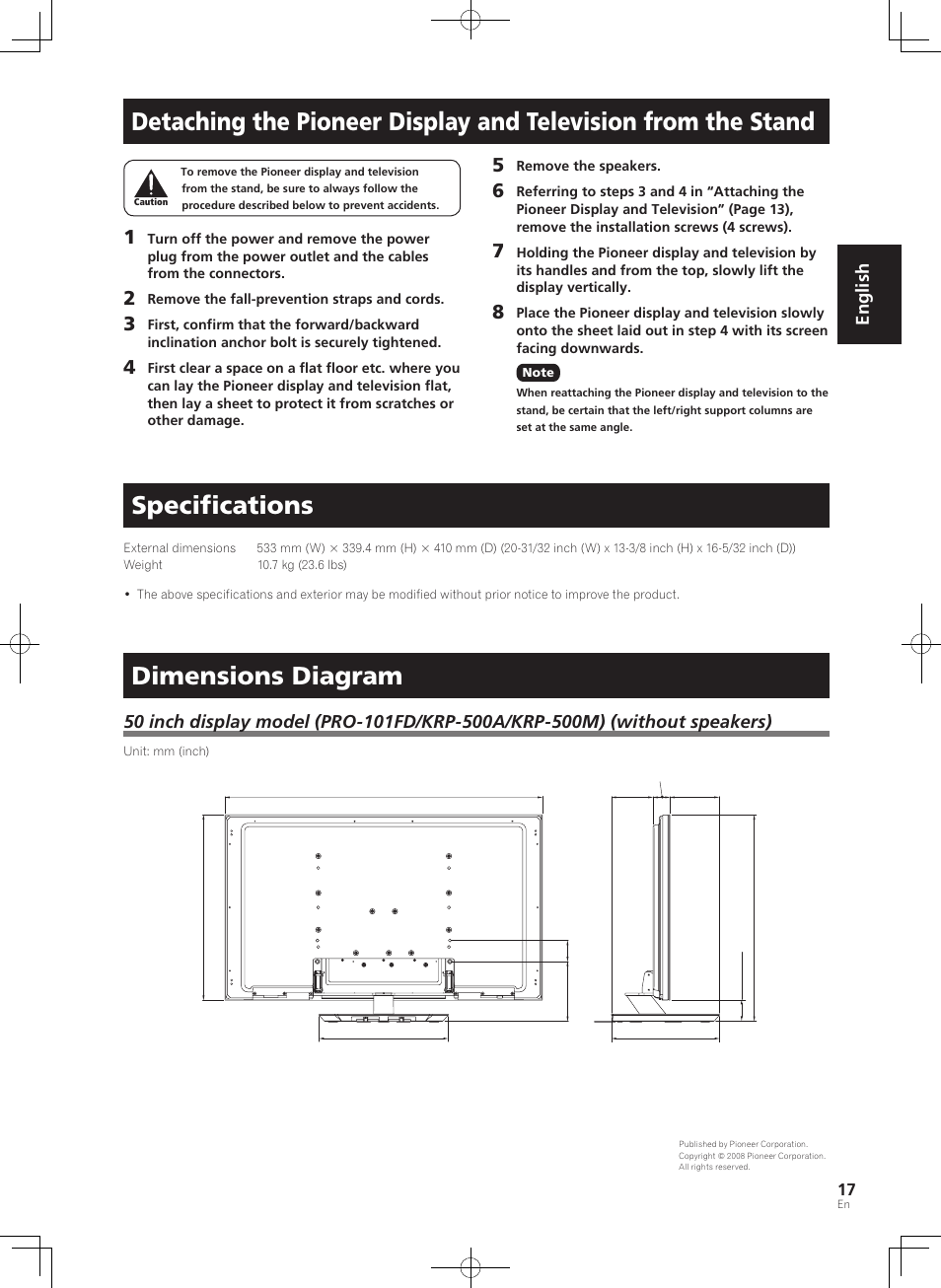Specifications, Dimensions diagram, English | Pioneer KRP-SW01 User Manual | Page 17 / 74
