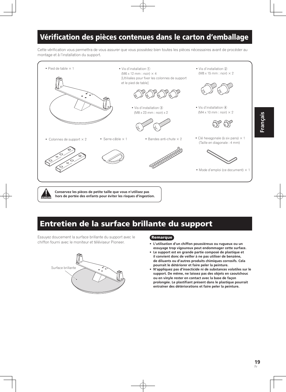 Entretien de la surface brillante du support, Français | Pioneer KRP-SW01 User Manual | Page 19 / 74