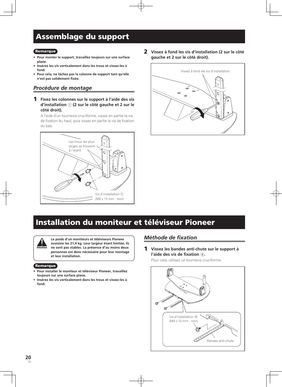 Assemblage du support, Installation du moniteur et téléviseur pioneer, Méthode de fixation | Procédure de montage | Pioneer KRP-SW01 User Manual | Page 20 / 74