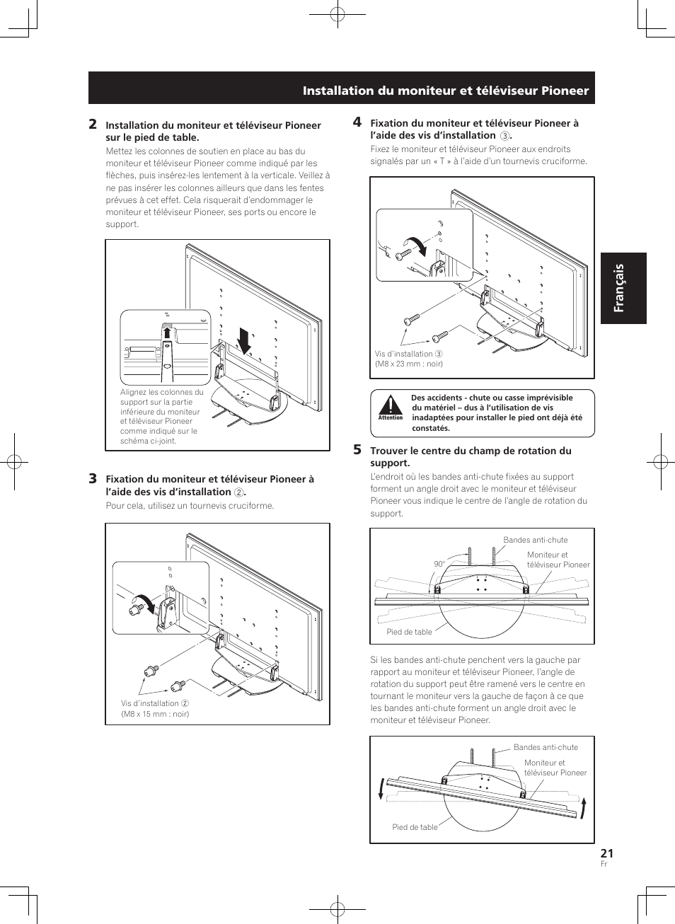 Français, Installation du moniteur et téléviseur pioneer | Pioneer KRP-SW01 User Manual | Page 21 / 74