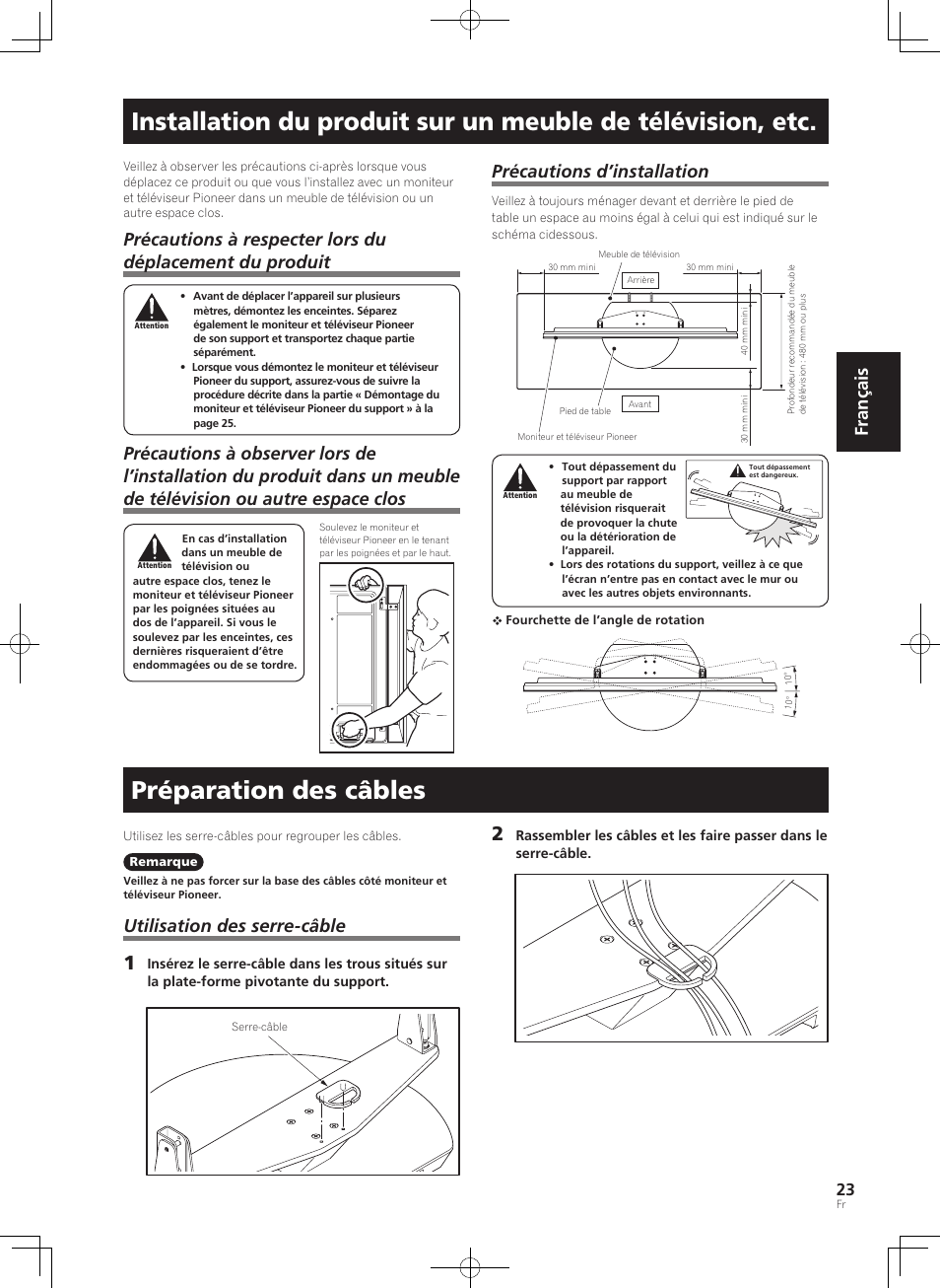 Préparation des câbles, Français, Précautions d’installation | Utilisation des serre-câble | Pioneer KRP-SW01 User Manual | Page 23 / 74