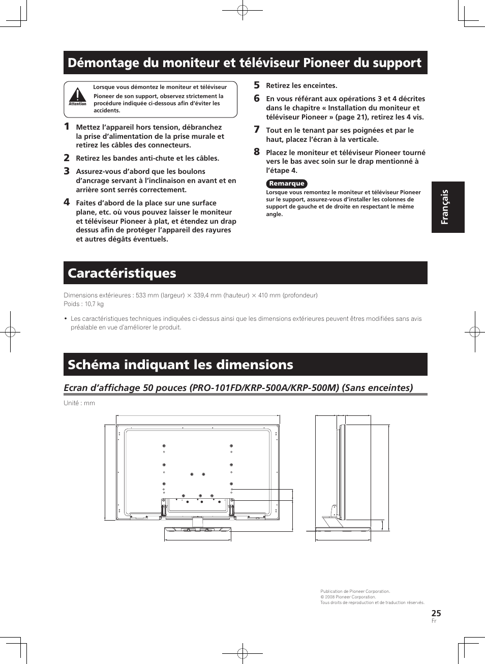 Caractéristiques, Schéma indiquant les dimensions, Français | Pioneer KRP-SW01 User Manual | Page 25 / 74