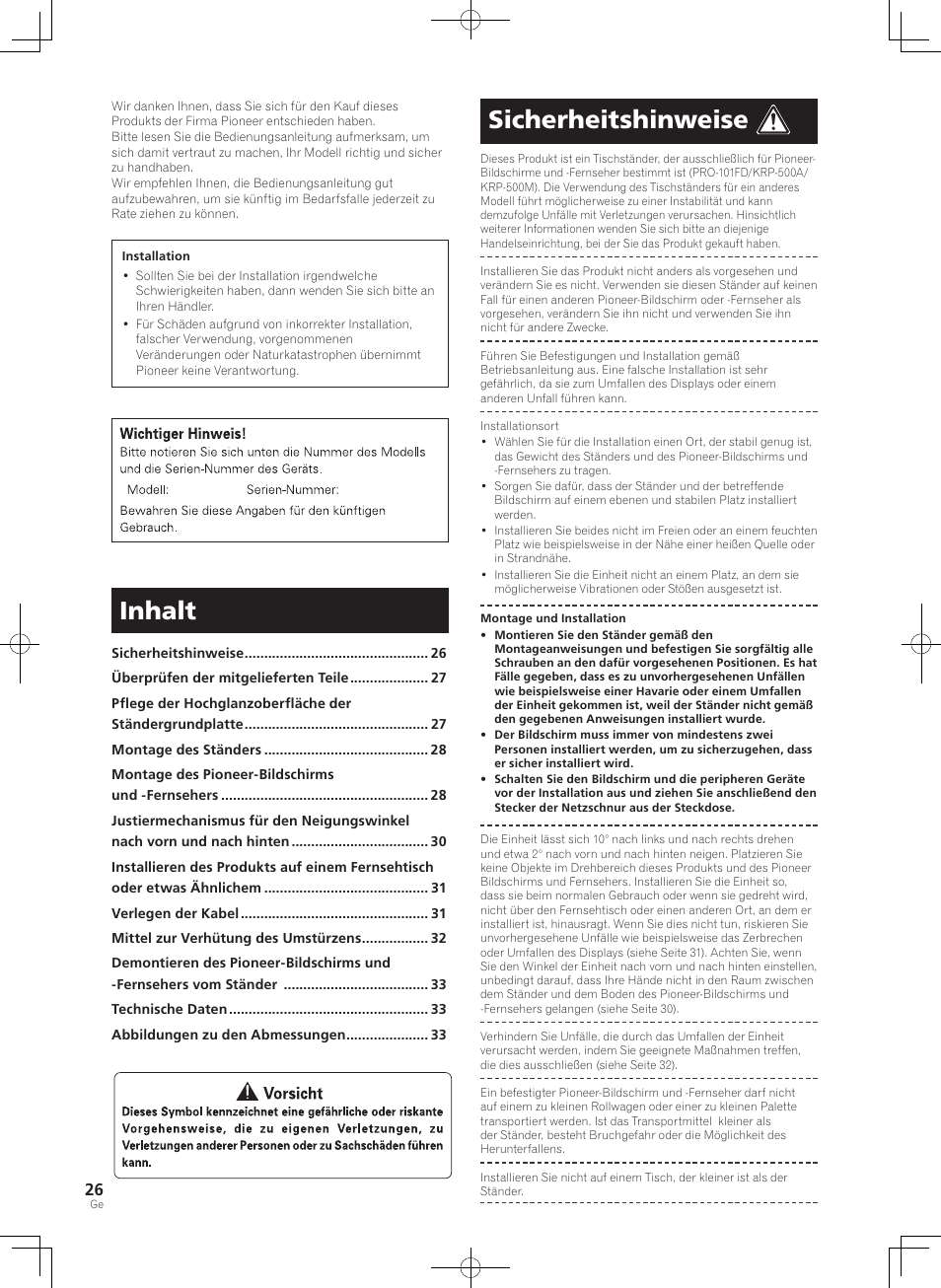 Inhalt, Sicherheitshinweise | Pioneer KRP-SW01 User Manual | Page 26 / 74