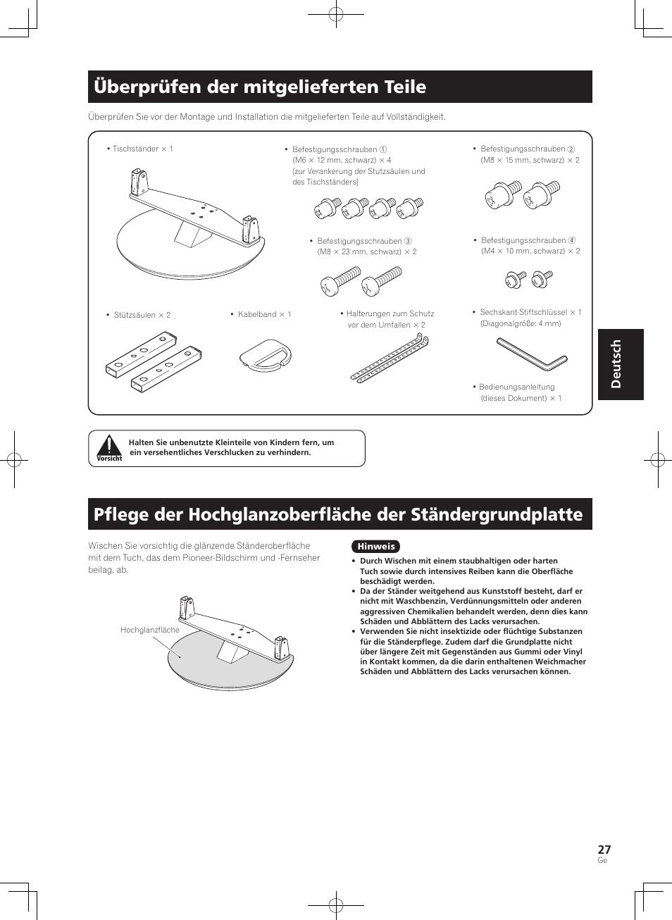 Überprüfen der mitgelieferten teile, Deutsch | Pioneer KRP-SW01 User Manual | Page 27 / 74