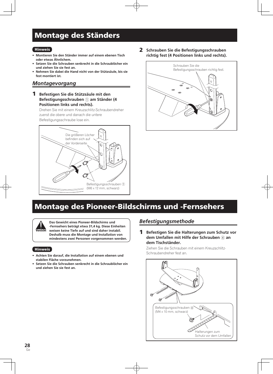 Montage des ständers, Montage des pioneer-bildschirms und -fernsehers, Befestigungsmethode | Montagevorgang | Pioneer KRP-SW01 User Manual | Page 28 / 74
